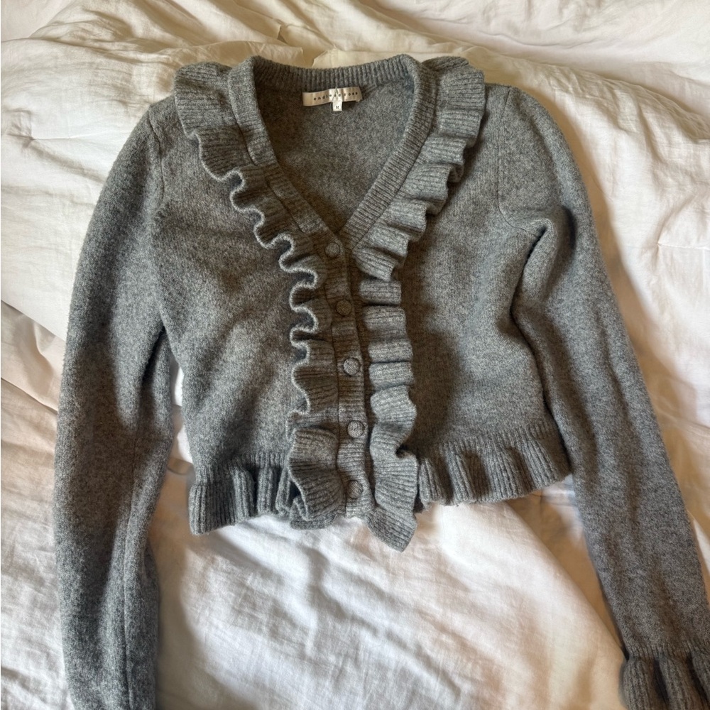 Grey Ruffle-Trim V-Neck Button Sweater - Picture 2 of 3